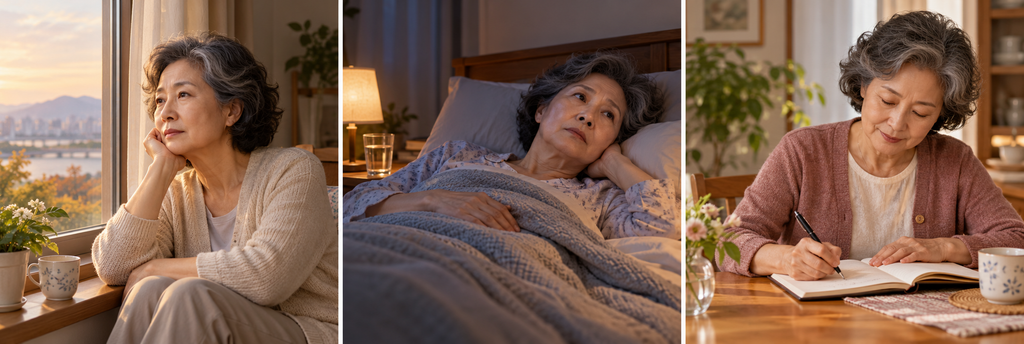 여성 우울증과 갱년기 극복 방법-60대 시니어 2 창가 밤의 침대 마음 기록 1